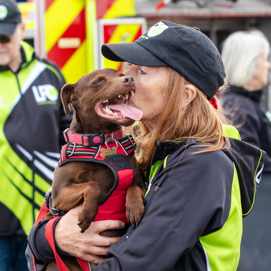 A brown patterdale gets a cuddle from her mum